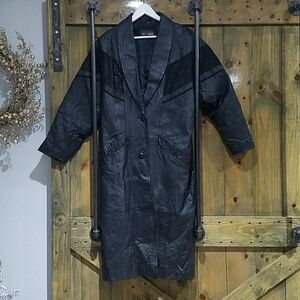 100% LEATHER SUEDE BLACK TRENCH COAT MARBLE PEBBLE MAXI LONG MOBWIFE GRUNGE GOTH